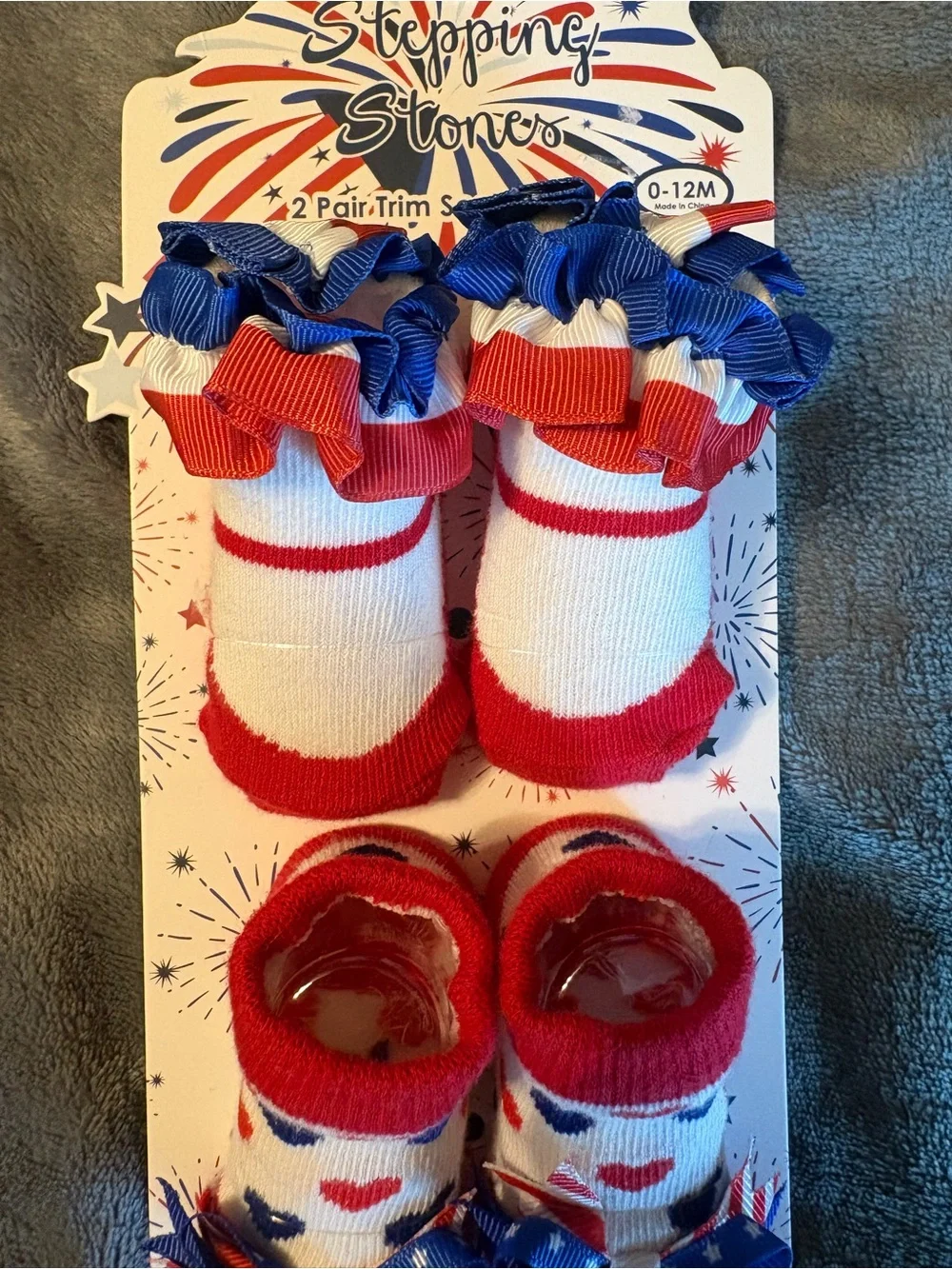 Stepping Stones Baby Girls Red, White & Blue 2 Pair Trim Sock Set Size 0-12M